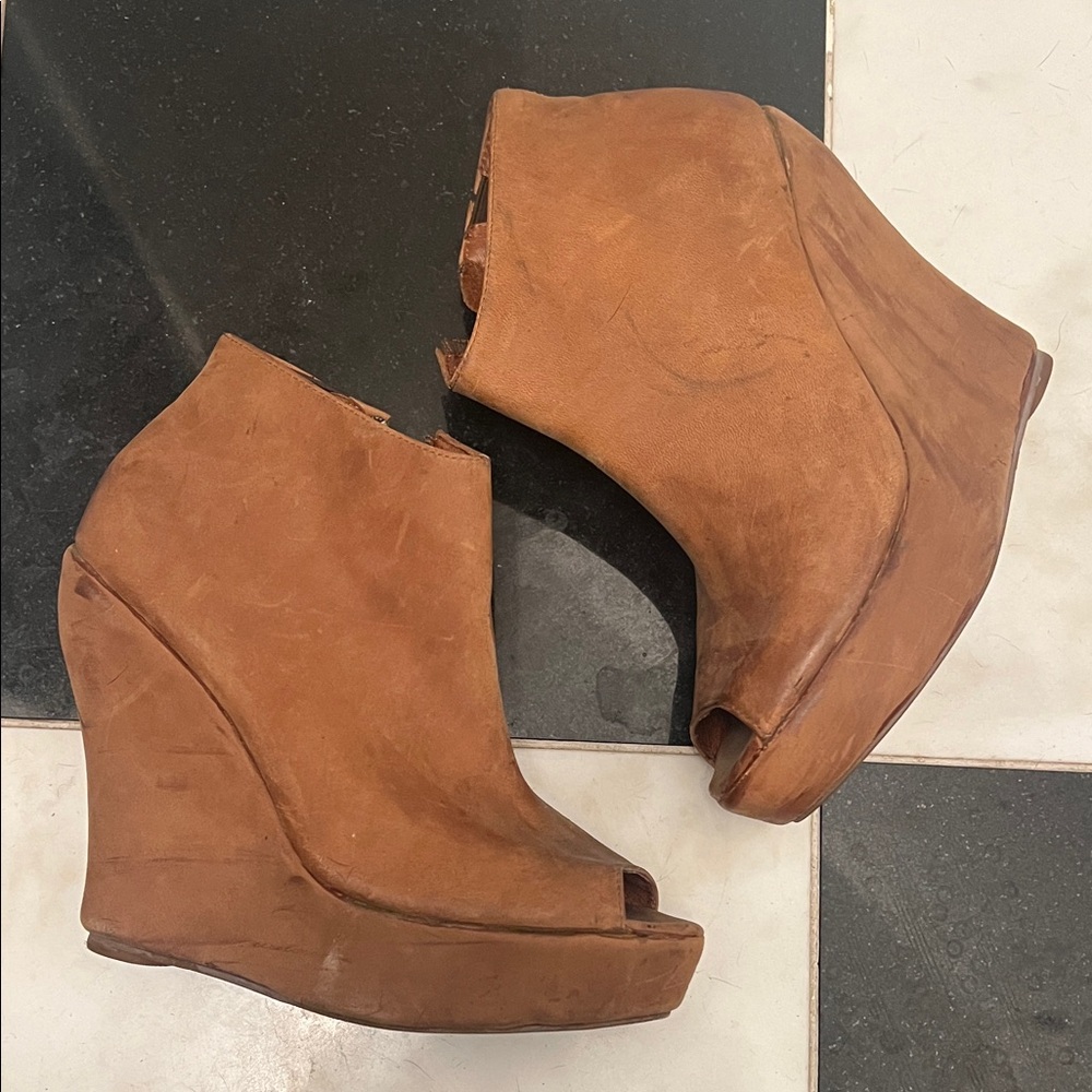 JEFFREY CAMPBELL TAN SUEDE PEEP TOE BOOTIE